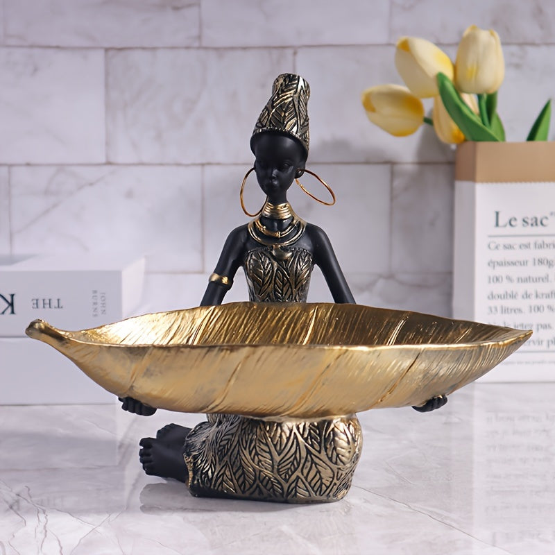 Figura de mujer africana de resina con tazón de hoja dorada - Decoración para el hogar, ornamento de mesa, organizador de entrada, regalo ideal, decoración navideña