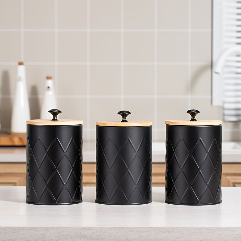 Conjunto de 3 piezas de tarro metálico negro sellado, Contenedor de almacenamiento de malla circular con tapa de bambú sellada para encimera de cocina, Adecuado para almacenar granos de café, té, dulces y cereales - Reutilizable