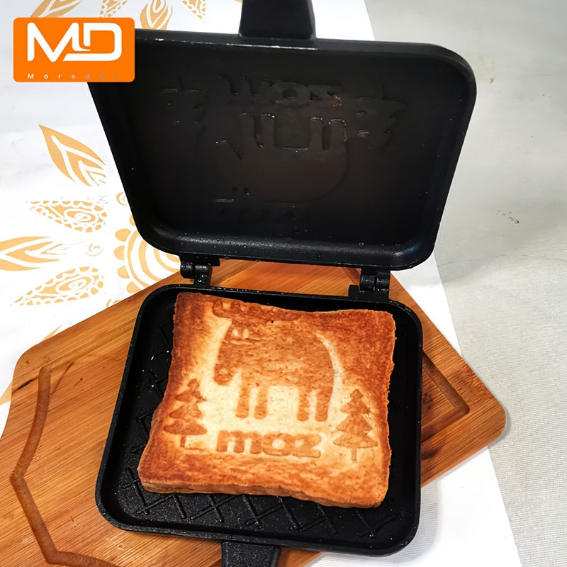 MOREDOR 1 pieza Sartén de Doble Cara con Relieve de Alce Antiadherente y Mango de Madera Extraíble, Fabricante de Sándwiches de Aluminio para Desayuno, Sándwiches, Cocina Casera - Fácil Limpieza y Distribución Uniforme del Calor