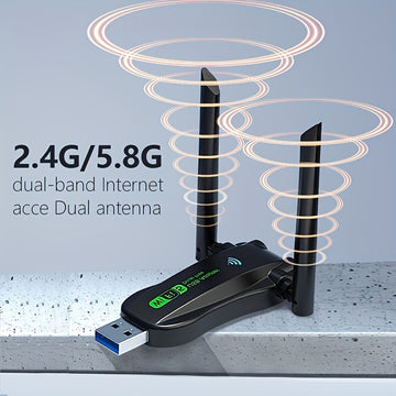 Adaptador Wifi de doble banda 2.4G/5.8G con 1300Mbps, interfaz USB, fuerte penetración de pared, cuatro antenas, internet de alta velocidad, baja latencia y acceso a internet en cualquier momento y lugar.