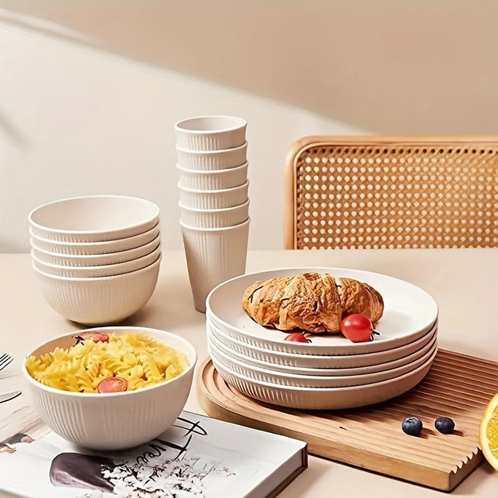 Juego de vajilla irrompible de 18 piezas, apto para lavavajillas y microondas, incluye platos, tazones y vasos, ideal para cocina, residencia estudiantil, camping, autocaravana y picnic