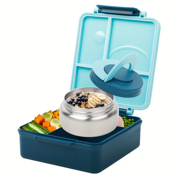 Caja Bento para Adultos con Botella de Acero Inoxidable Aislada y Prueba de Fugas - 4 Compartimentos, 2 Zonas de Temperatura (Azul, Rosa) - Adecuada para Almuerzos Escolares, Regreso a la Escuela