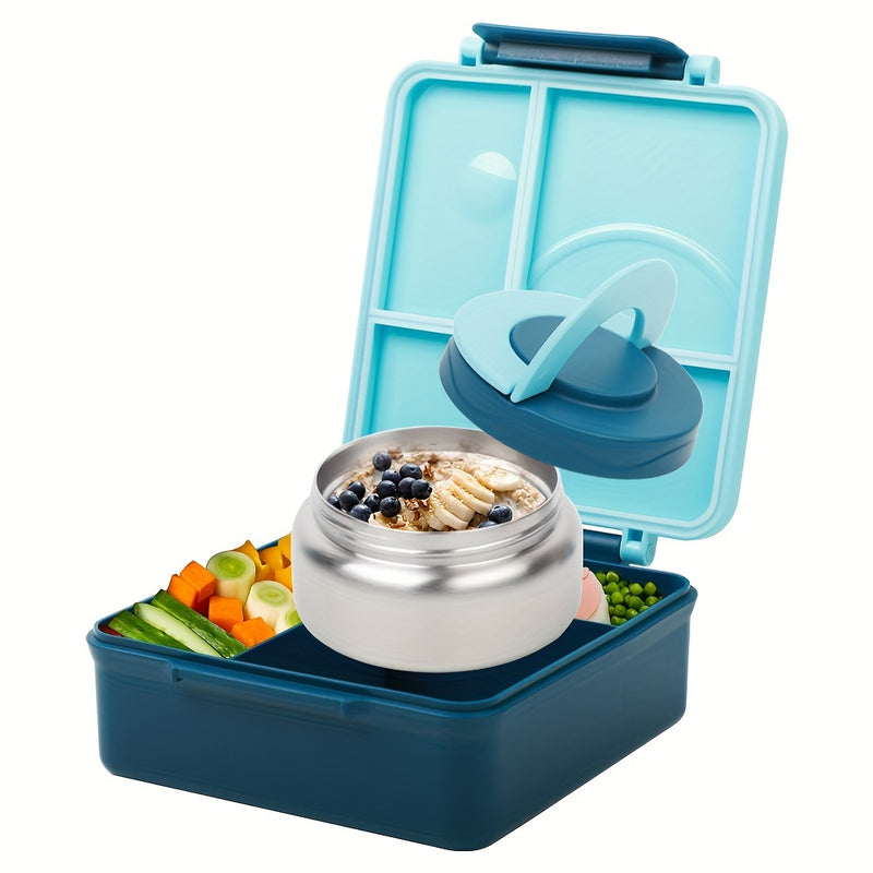 Caja Bento para Adultos con Botella de Acero Inoxidable Aislada y Prueba de Fugas - 4 Compartimentos, 2 Zonas de Temperatura (Azul, Rosa) - Adecuada para Almuerzos Escolares, Regreso a la Escuela
