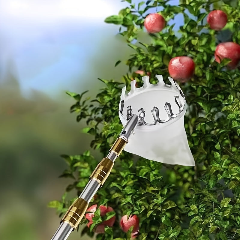 1pc Recogedor de frutas extensible de acero inoxidable con varilla telescópica - Herramienta de cosecha de jardín para alcanzar manzanas, caquis, mangos, nísperos con cesta de absorción de impactos, alcance de 74 pulgadas