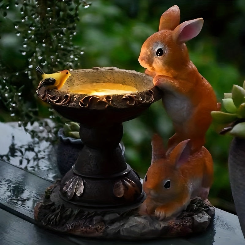 Lámpara solar exterior creativa con adorno de doble conejo bebiendo, hecha de resina, perfecta para iluminación de jardín y patio. Ideal para porche, jardín y decoración de jardinería, es un gran regalo para mujeres y abuelas. Esta estatua de resina para