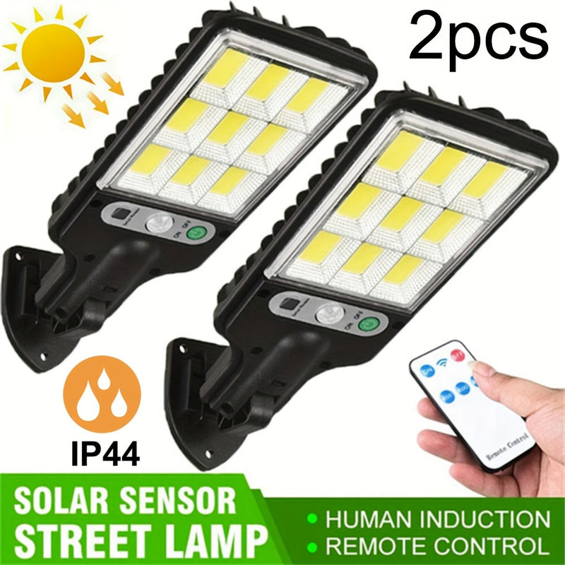 2 unidades de luces de movimiento solares con control remoto, luces de seguridad alimentadas por panel solar, luces de camino para jardín, garaje, patio trasero, patio