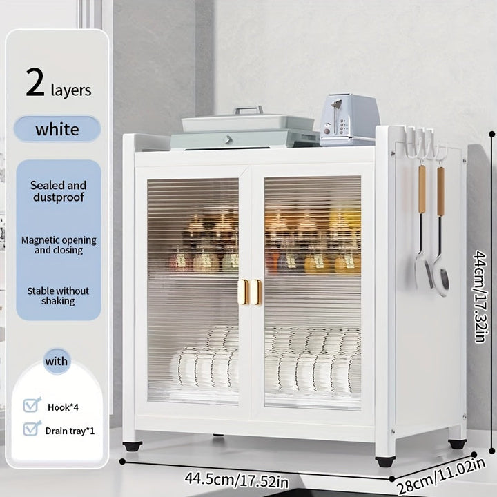 Gabinete de cocina metálico para platos con 4 ganchos, escurridor de doble puerta multifuncional resistente al polvo con bandeja de goteo, almacenamiento portátil para secar platos y ahorrar espacio, organización de cocina - Blanco