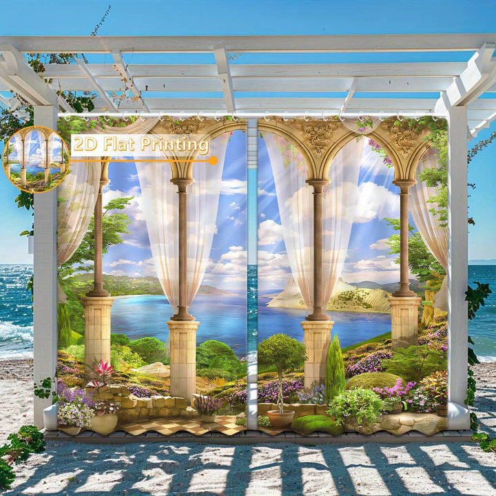 2 Piezas de Ganchos para Cortinas Exteriores, Estampado 2D con Vista a la Ventana para Decoración del Hogar y Privacidad, Ideal para Patio, Porche, Gazebó, Loft o Jardín en Primavera y Verano