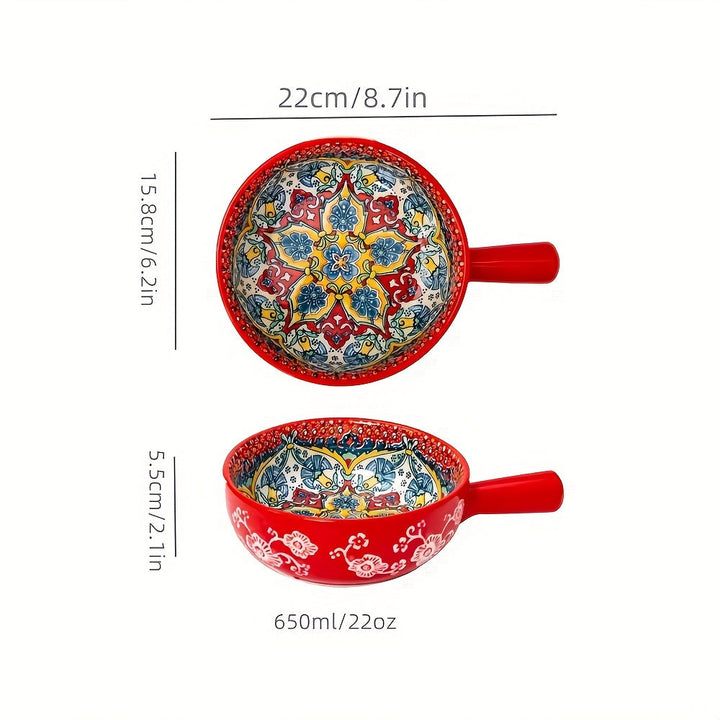 Ensaladera bohemia de cerámica con asa, 22.1 cm, apta para microondas y horno, ideal para hornear y servir en casa