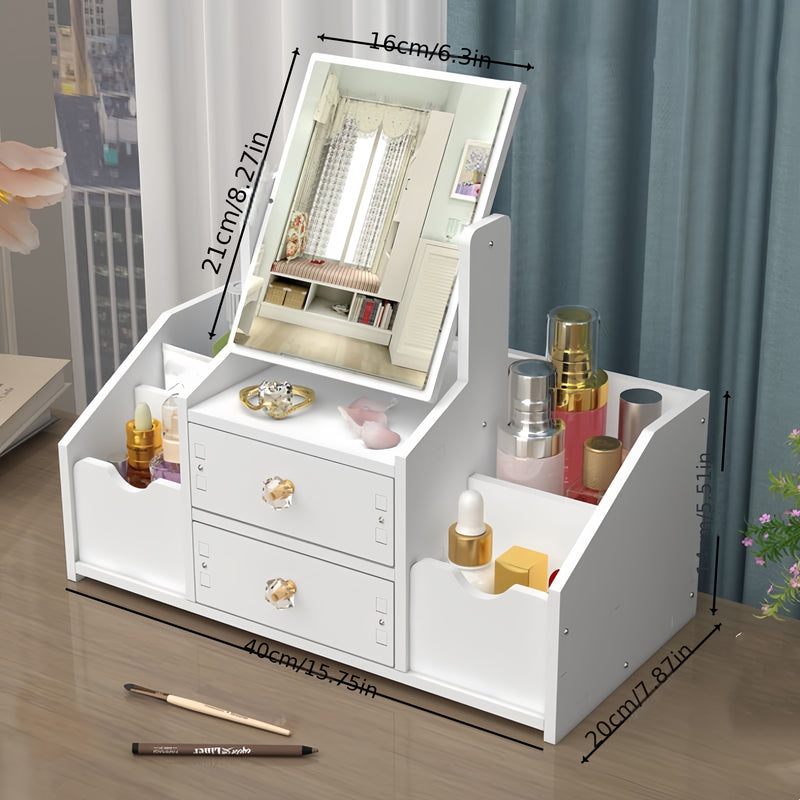 Organizador de Maquillaje de Mostrador con Espejo y Cajón, Caja de Almacenamiento de Cosméticos Impermeable al Polvo para Productos de Cuidado de la Piel, Soporte para iPhone, Sin Necesidad de Electricidad, Caddy de Maquillaje Ligero con Diseño Floral