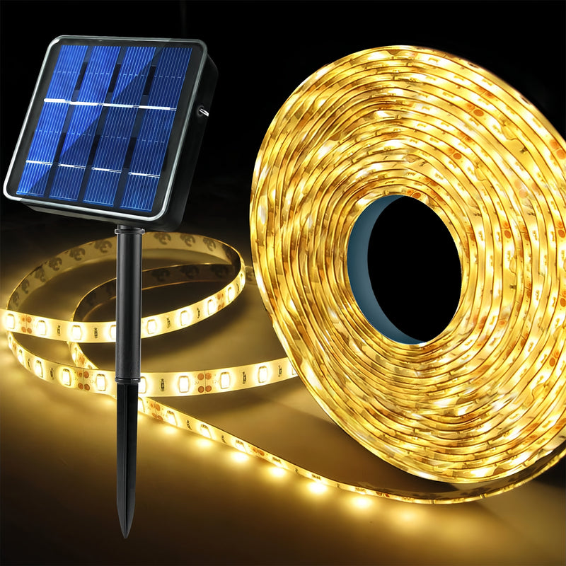 Barra de Luz Solar para Exteriores con Control Remoto, 300 LED/5.0 metros, Luces para Escaleras y Uso Exterior, 8 Modos de Iluminación Automática Encendido/Apagado para Cenadores, Piscinas y Gallineros