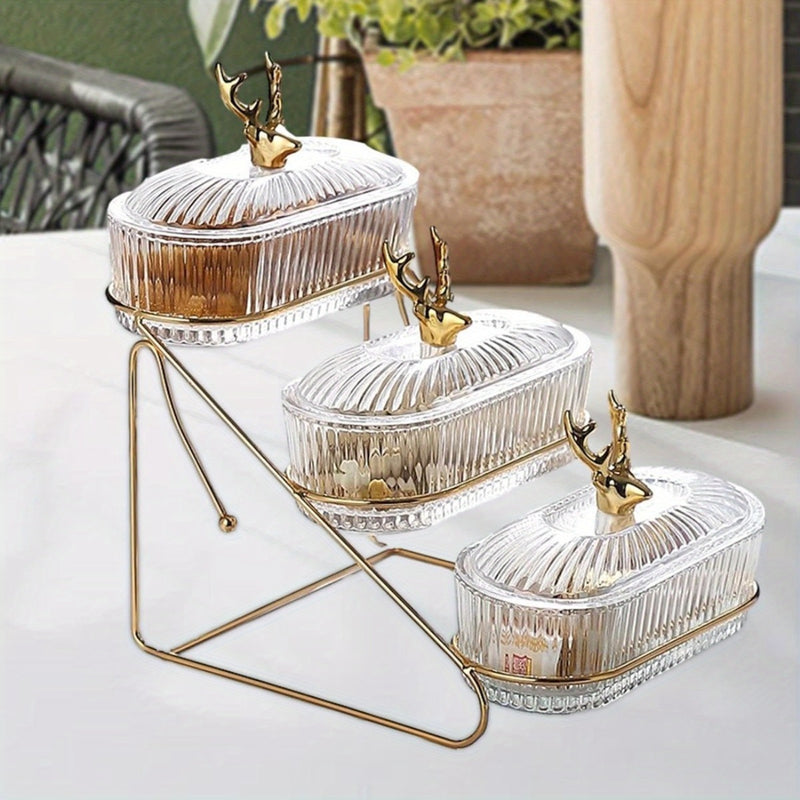 Bandeja Elegante de 3 Niveles para Servir Snacks y Frutas con Tapa - Estructura de Hierro Resistente, Diseño Inspirado en el Norte para Cocina, Sala de Estar, Fiestas | Perfecta para Frutas Secas, Dulces, Frutos Secos | Fácil de Limpiar, Bandeja de Aper