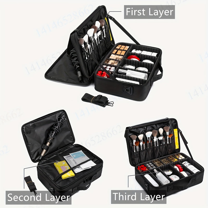1pc Estuche Organizador de Maquillaje Impermeable de Gran Capacidad con Compartimentos Ajustables, Porta Brochas Desmontable y Espejo, Múltiples Bolsillos para Viajes, Uso Diario y Profesional