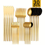 Juego de 30 Piezas de Cubiertos Finos de Acero Inoxidable: Cuchillo para Bistec, Tenedor y Cucharilla Postre - Kit de Vajilla para Hogar y Restaurantes