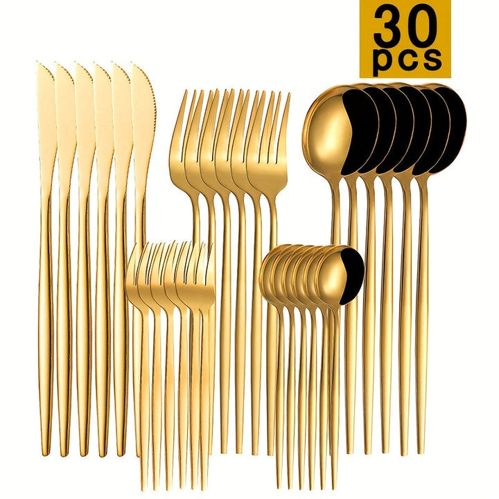 Juego de cubiertos de acero inoxidable delgado estilo portugués, 30 piezas: cuchillo para carne, tenedor para cena, cuchara para postre y tenedor para postre - Juego de vajilla para hogar y restaurantes