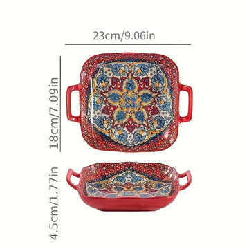 1 Juego de 4 Piezas de Platos Cuadrados Bohemios con Doble Asa. Platos Creativos de Cerámica, Versátiles para Frutas/Pastas. Diseño de 9 Pulgadas Seguro para Horno/Microondas. Asas Antideslizantes para Transporte Fácil, Elevando tu Ritual de Comida.