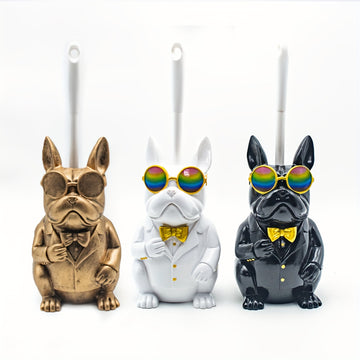 Set de soporte para cepillo de baño con escultura de perro en resina - Decoración de baño reutilizable, plástico duradero, sin necesidad de electricidad, incluye soporte de piso y cepillos de limpieza