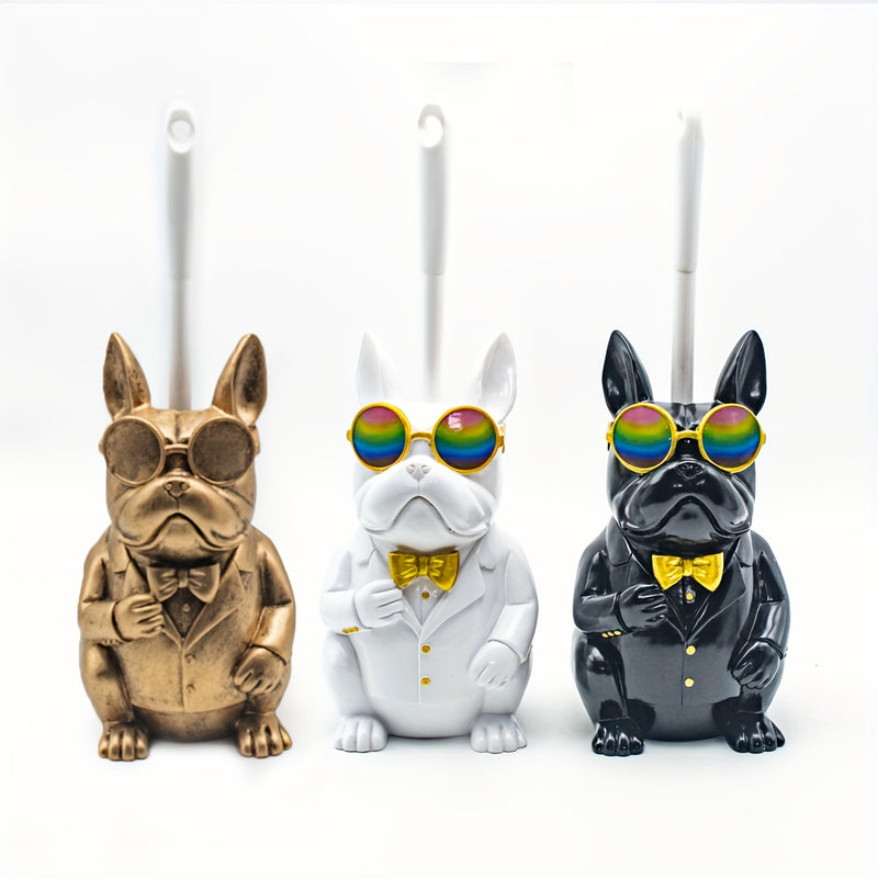 Set de soporte para cepillo de baño con escultura de perro en resina - Decoración de baño reutilizable, plástico duradero, sin necesidad de electricidad, incluye soporte de piso y cepillos de limpieza