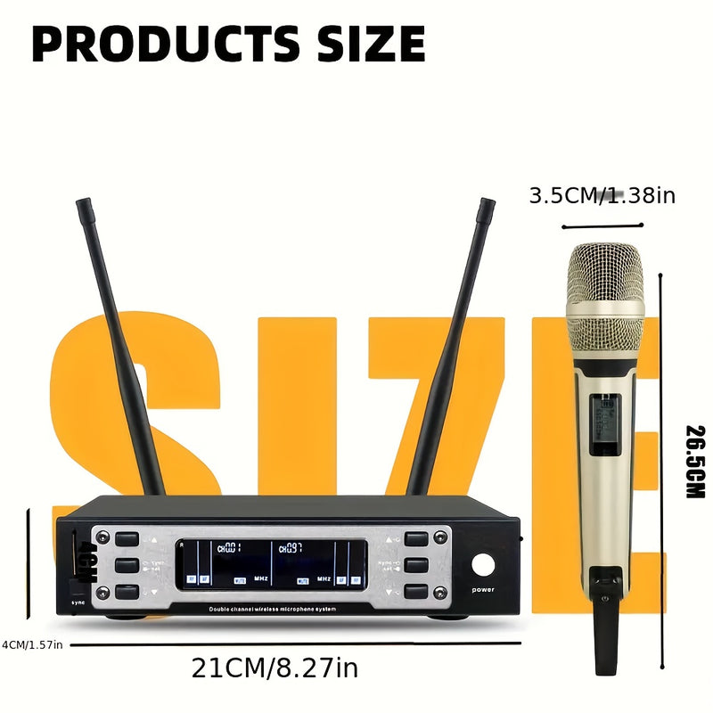Sistema profesional de micrófonos inalámbricos UHF de 2 canales BOMGE, con 2 micrófonos de mano metálicos multicolor y receptor de frecuencia ajustable, ideal para iglesias, karaoke, presentaciones de DJ, KTV y podcast