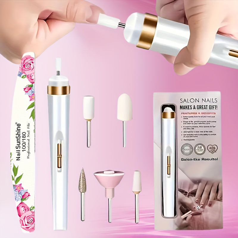 Kit de 5+1, 6 piezas para Taladro Eléctrico de Uñas con Quitaúñas y Pulidor Recargable Beige Claro para Manicura de Manos y Pies