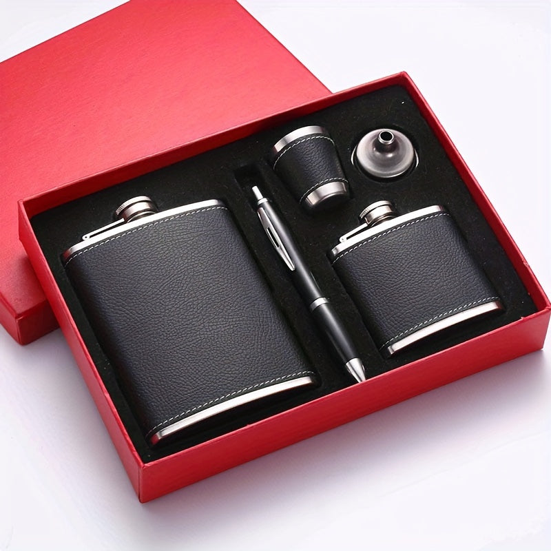 1 Juego de 8oz/1pc 30Z/1pc 80Z Frasco de Cuero Negro 8oz 18/8 acero inoxidable envuelto en cuero suave al tacto Set de Regalo 2 tazas y chimenea 100% a prueba de fugas para whisky, ron y vodka para hombres y mujeres