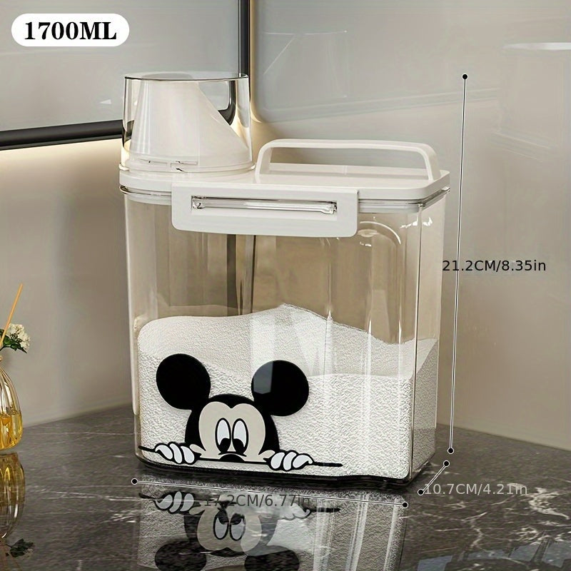 Contenedor de detergente para ropa con diseño de Mickey Mouse, 1 unidad, tapa medidora, gran capacidad, recipiente sellado para suministros de lavandería, cubeta de almacenamiento para ropa, diseño divertido, plástico duradero