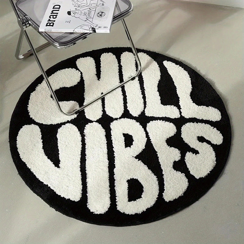 1pc Alfombra Redonda de Vibra Chill, 10mm de grosor de fibra de poliéster, sin resbalones con sujeción de fieltro, para dormitorio y sala de estar, solo lavable a mano, negro y blanco