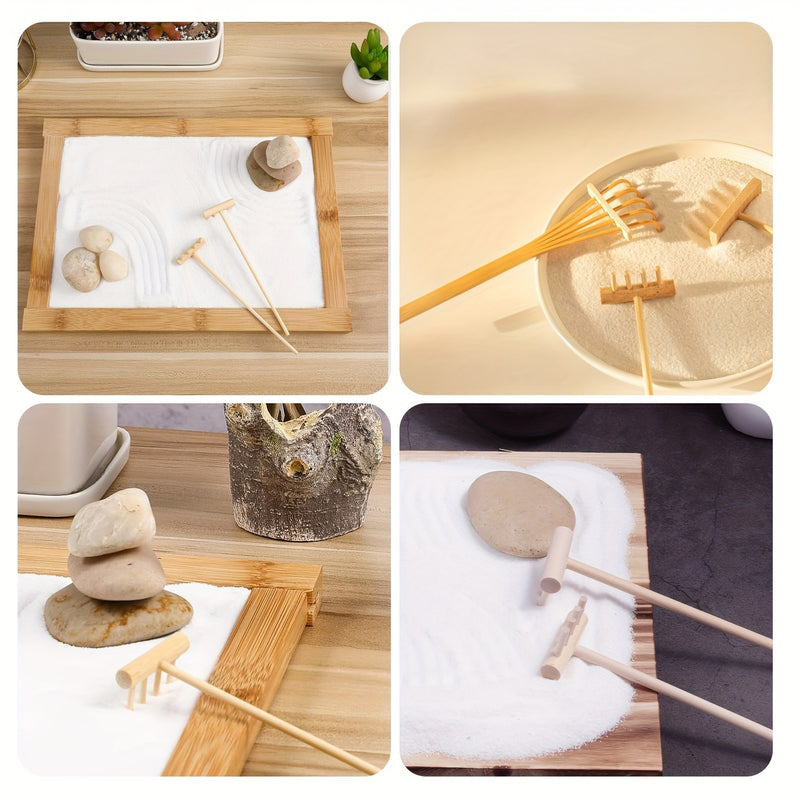 Juego de 7 Rastrillos Mini para Jardín Zen - Herramientas de Madera para Arte con Arena, Jardines de Rocas y Decoración del Hogar, Duraderos 13.97x3.81cm, Adecuados para Meditación y Paisajes en Miniatura, Accesorios para Jardínes Zen