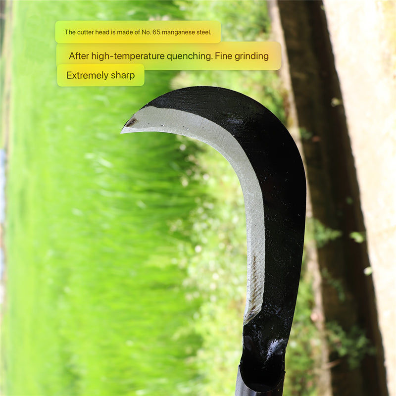 Cuchilla de hierro de manganeso de largo mango - Una herramienta agrícola multifuncional para exteriores con hoja curva extendida, adecuada para cortar césped, rastrillar y podar arbustos - Construcción metálica resistente, equipo de jardinería y patio e