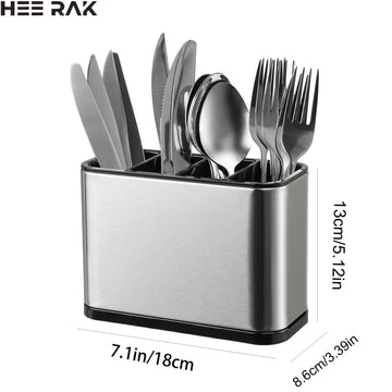 Un organizador de cubiertos de plata, un soporte de utensilios de cocina de encimera, un soporte de bolas de acero inoxidable, con un diseño de 4 compartimentos para organizar utensilios, cucharas y tenedores.