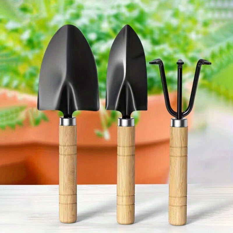 Juego de Herramientas de Jardín de 3 Piezas con Mangos de Madera - Paleta, Pala y Tenedor de Metal Duradero - Ideal para Jardinería y Plantación, Cultivo de Suelo|Herramientas de Jardín Rústicas|Herramientas con Mango de Madera