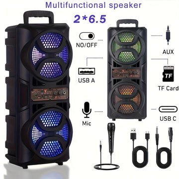 Altavoz multifuncional con altavoces dobles de 6,5", cambio de color RGB, subwoofer de bajo 3D, función de karaoke con gran apertura, sistema de sonido de carrito, experiencia de sonido definitiva con/FM/USB/TF Card/MIC, adecuado para fiestas al aire lib