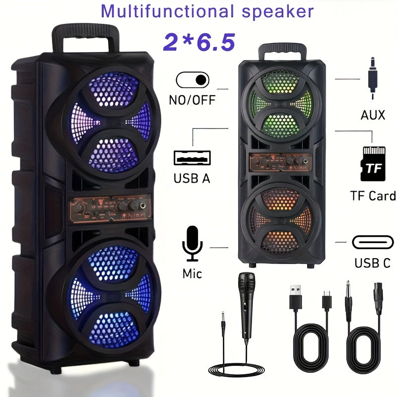 Altavoz multifuncional con altavoces dobles de 6,5", cambio de color RGB, subwoofer de bajo 3D, función de karaoke con gran apertura, sistema de sonido de carrito, experiencia de sonido definitiva con/FM/USB/TF Card/MIC, adecuado para fiestas al aire lib