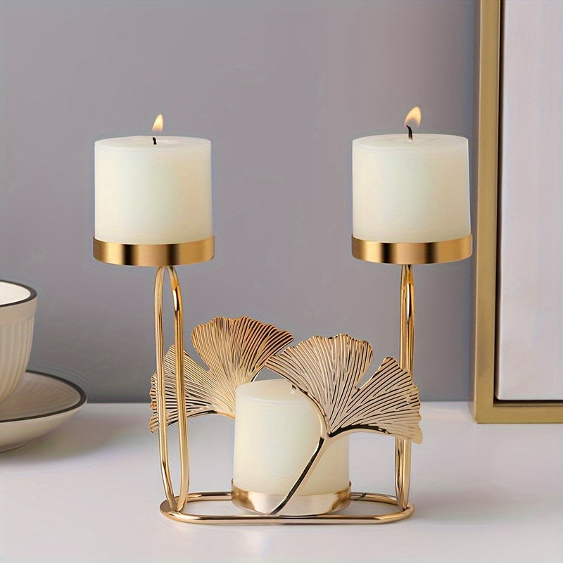 Soporte para velas de hierro artístico premium, 3 cabezas con diseño creativo de hoja de ginkgo, liviano, decorativo para cenas y fiestas, 1 unidad