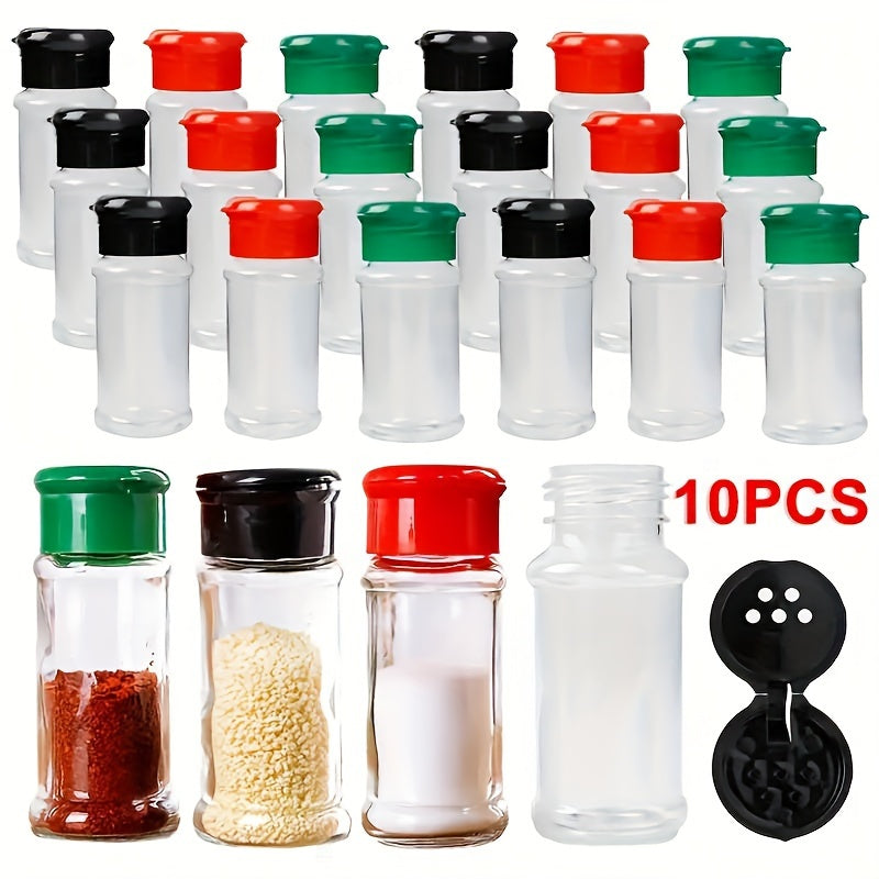 Juego de 10 Tarros de Especias Libres de BPA con Tapas Agitadoras - Contenedores de Plástico Duraderos para Condimentos y Sazonadores para BBQ, Camping, Picnics y Organización de Cocina, Tapas para Verter, Almacenamiento