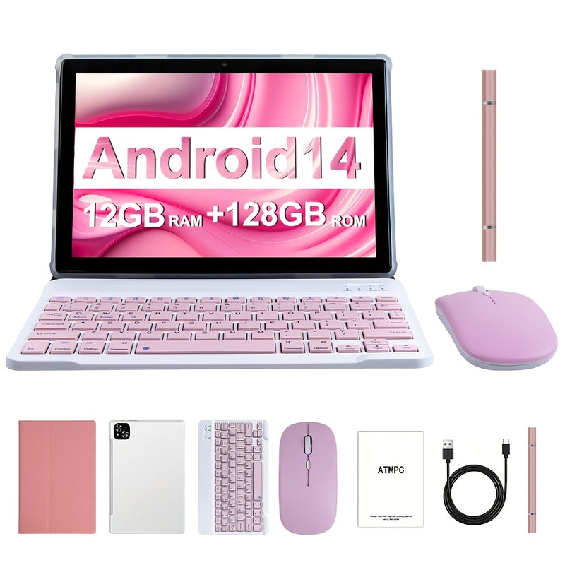 Tablet de 10.1 Pulgadas con Sistema Operativo Android 14, Tableta 2 en 1 con Teclado, Ratón, Funda, Estilete, 128GB ROM 12GB 4GB+8GB RAM Ampliable, Doble Cámara, Procesador de Ocho Núcleos, Pantalla Táctil IPS Alta Definición 1280*800, GMS Tab, Wi-Fi 5G