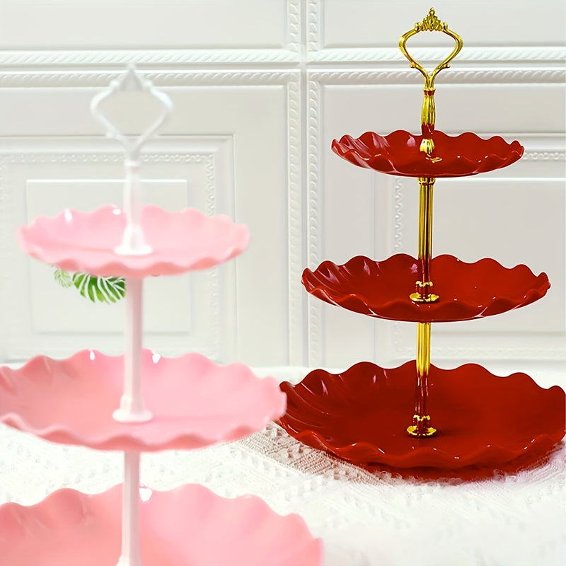1pc Elegante Soporte para Pastel de 3 Niveles en Verde y Blanco, con Detalles Dorados - Diseño Floral, Material PP Duradero - Ideal para Fiestas de Té, Bodas, Reuniones - Perfecto para Exhibición de Postres y Uso en la Cocina, Suministros para Decoración