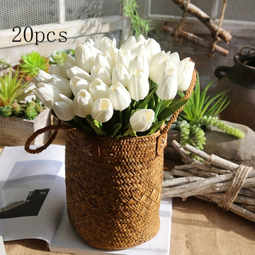 20 piezas de Tulipanes Artificiales Blancos Elegantes, con Hojas Verdes Luxuriantes, para Bodas, Compromisos, Decoración del Hogar