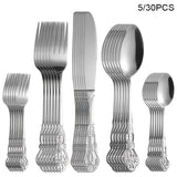 Juego de cubiertos de acero inoxidable con diseño retro grabado, 5/30 piezas, pulido espejo de alta gama, apto para lavavajillas, ideal para bodas, Navidad, San Valentín y regalos