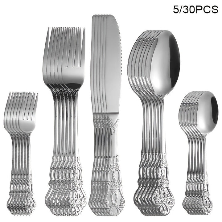 Juego de cubiertos de acero inoxidable con diseño retro grabado, 5/30 piezas, pulido espejo de alta gama, apto para lavavajillas, ideal para bodas, Navidad, San Valentín y regalos