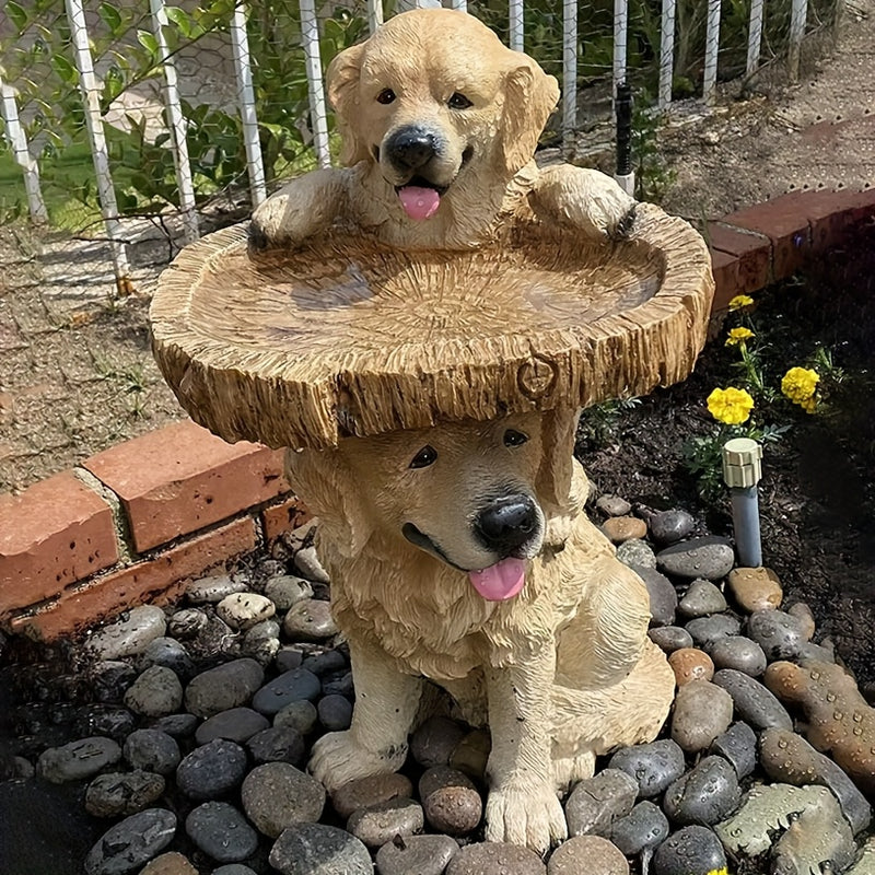 Baño para pájaros con encantador Golden Retriever - Decoración de jardín en resina con dos figuras de perros, fuente de agua exterior para pájaros y perros, sin necesidad de electricidad, ideal para jardines y patios, baño para pájaros de exterior