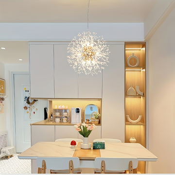 1 lámpara de cristal dorado de lujo, diseño moderno de diente de león, cable ajustable para suspensión, estructura metálica, ideal para sala, comedor, dormitorio o cocina, incluye 8 cabezales G9 (bombillas no incluidas, compradas por separado)