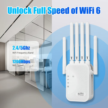 Repetidor de señal de Wi-Fi, mejorador de red doméstica, compatible con el sistema WIFI6 - Doble banda de alta velocidad, compatible con 2,4 GHz y 5 GHz, enchufa y juega, sistema de 6 antenas, cobertura estable para toda la familia, expansión de WiFi fác