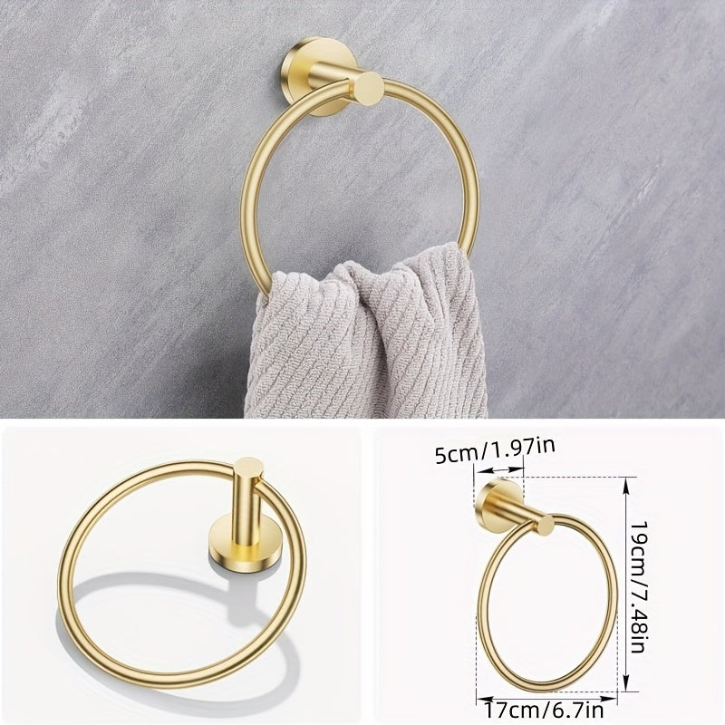 Juego de accesorios de baño, 4 piezas, incluye soporte de papel higiénico, anillo de toallas y 2 ganchos de toallas, juego de accesorios de baño con montaje en pared de acero inoxidable, negro, plateado, dorado.