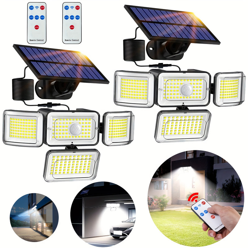 Luz Solar con Sensor de Movimiento y Control Remoto - 288 LED, Farola de Seguridad de 4 Cabezas, Ángulo Amplio de 300°, 3 Modos para Jardín, Patio, Camino, Garaje y Calle - Incluye Cable de 5.03 metros, Luces Solares de Movimiento para Exteriores