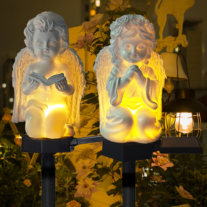Estatua de ángel con alas de resina y vela, alimentada por energía solar, para decoración de jardín al aire libre, iluminación de césped para patio, sendero o jardín, figura de bendición eficiente en energía para niños y adultos, decoración de jardín sol