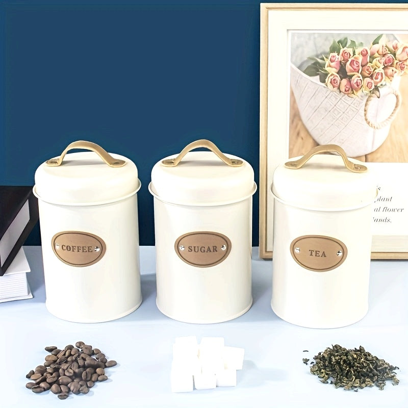 Conjunto de 3 piezas: lata de café blanca, lata de aperitivos para cocina, caja de dulces, tetera, arte de hierro galvanizado para recibir caja de hierro