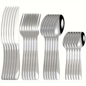 Juego de cubiertos de acero inoxidable con diseño de estrella, 24 piezas, incluye cuchillo para carne, tenedor, cuchara y cuchara de postre, ideal para hogar, cocina, hotel, restaurante, fiestas, bodas y eventos, apto para lavavajillas, disponible en var