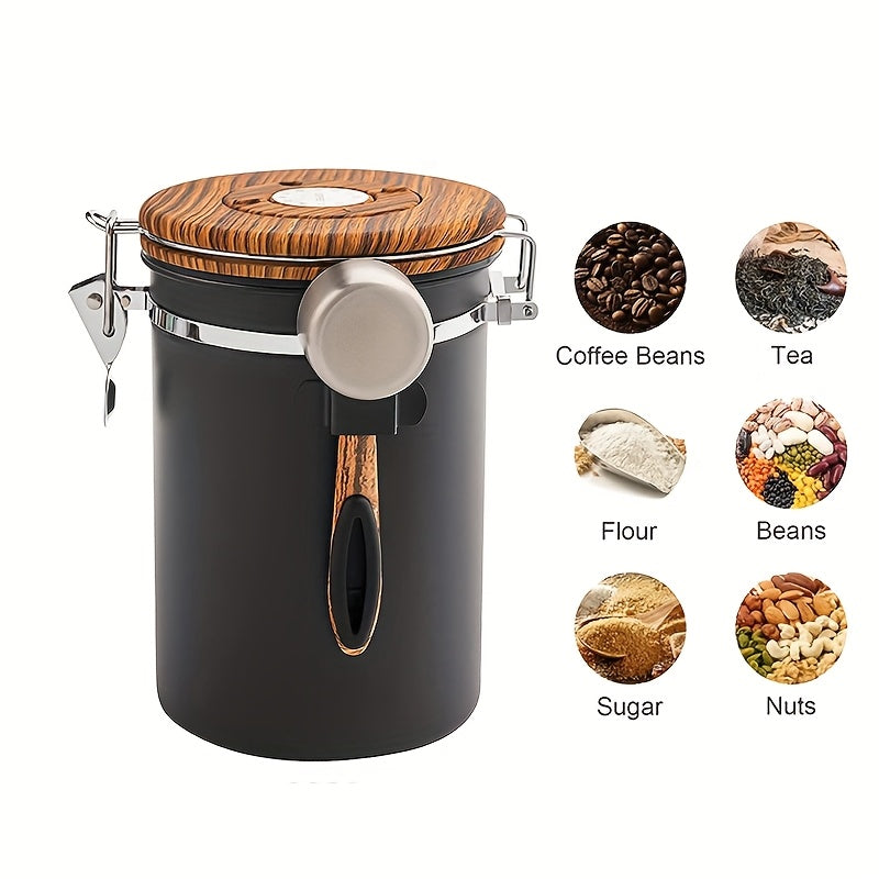 1.5L 304 Tanque Sellado de Acero Inoxidable para Café, Tanque de Almacenamiento de Granos de Café, Tanque de Almacenamiento Sellado con Cubierta de Grano de Madera y Cuchara, Contenedor de Café