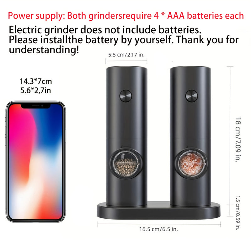 Juego de 2 Molinillos Eléctricos para Sal y Pimienta, Grano Ajustable con Luz LED, Base de Almacenamiento, Funciona con Batería, Arranque con Una Mano, Material ABS, Esencial en la Cocina, Regalo Perfecto